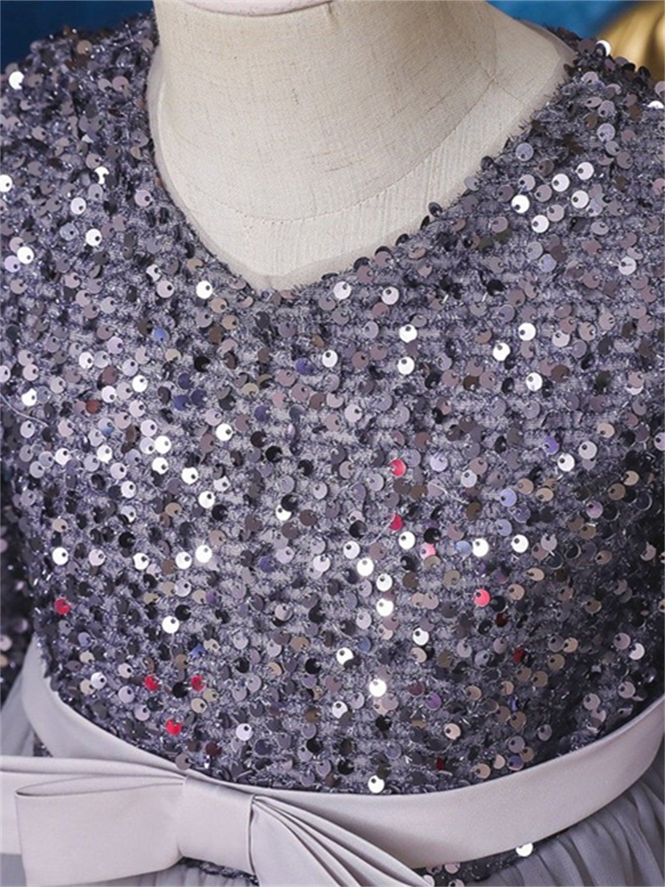 Long dress sequined wedding princess dress small host long sleeve mesh skirt bow dress