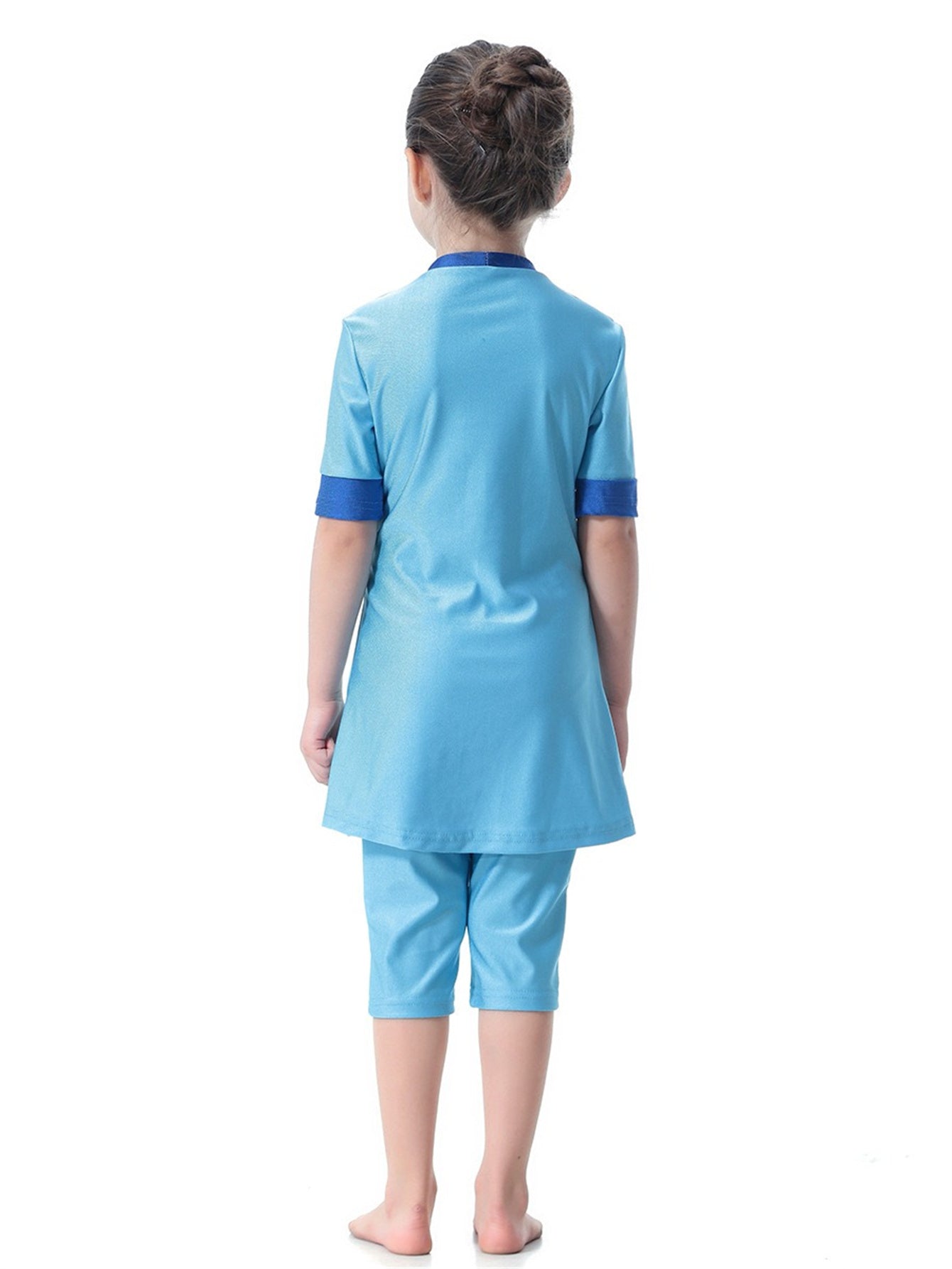 Girls Swimsuit Round Neck Contrast Color Conservative Two-Piece Swimsuit