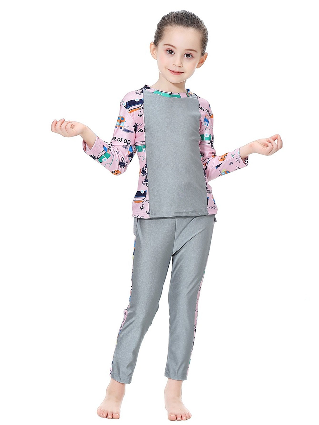 Girls swimsuit with seaside pattern, long sleeves and long pants, conservative sun protection swimsuit