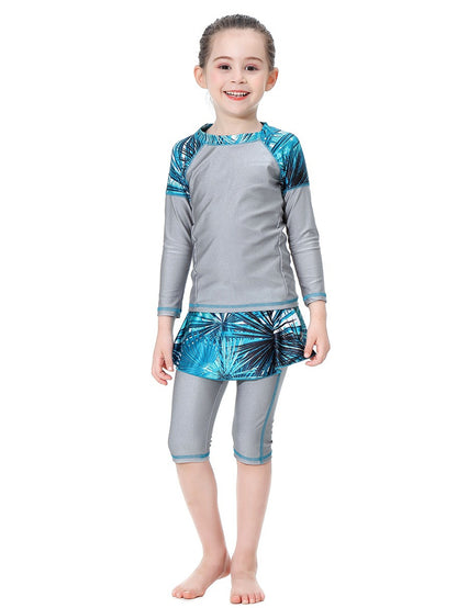 Girls Swimwear Tropical Plant Pattern Conservative Three-Piece Swimsuit