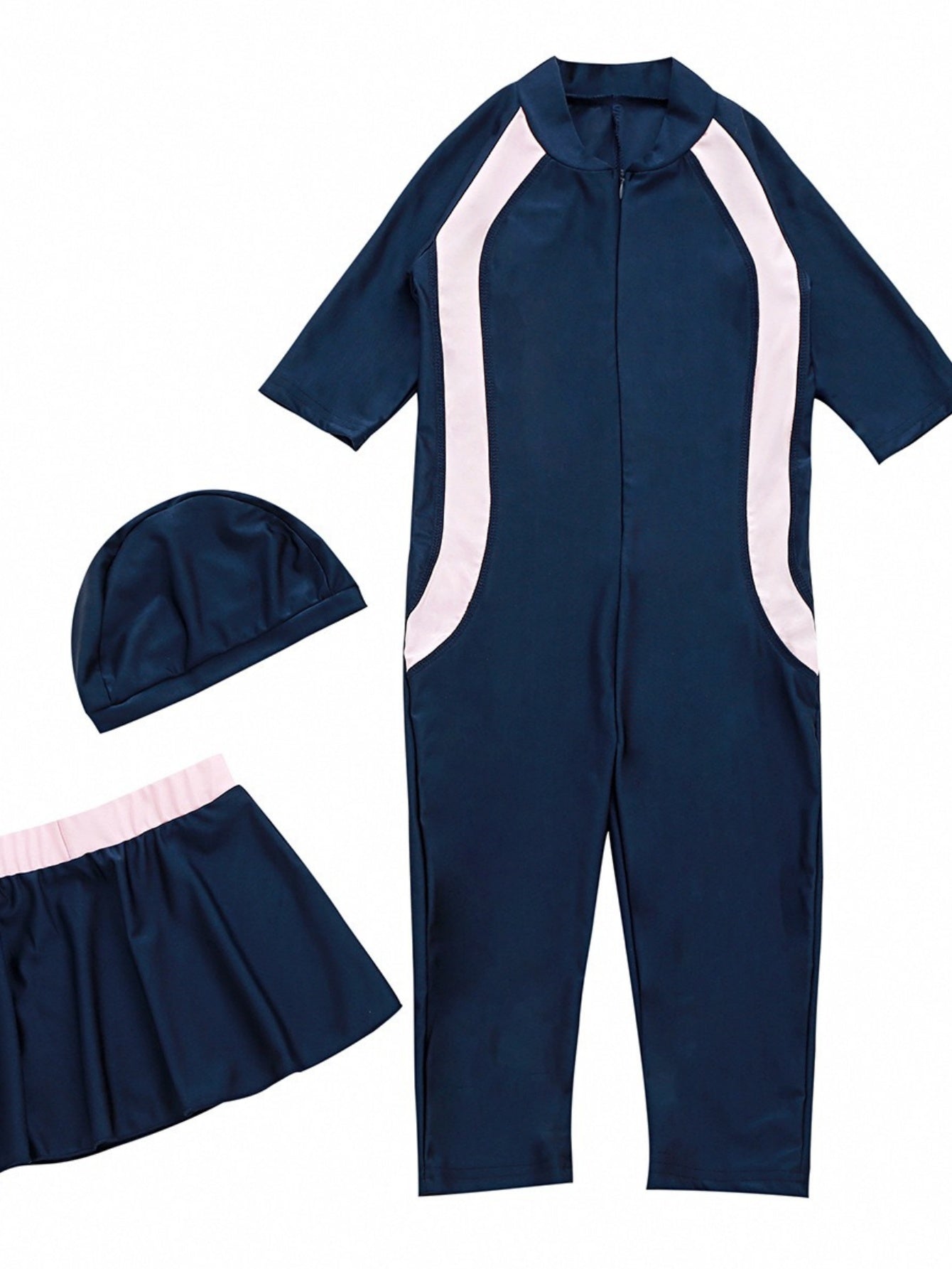 Girls conservative swimsuit top + shorts + hat pink, black, navy blue three-piece set