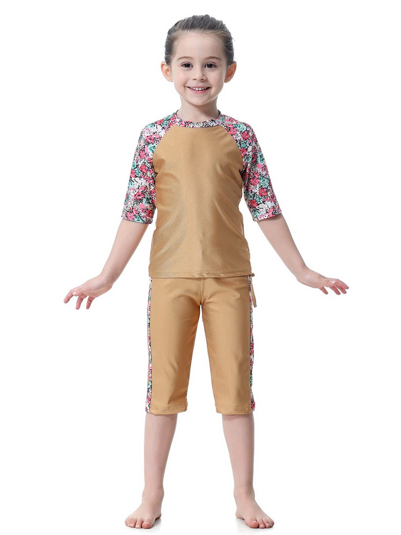 Girls Swimwear 3-piece Swimsuit Flower Pattern Patchwork Design