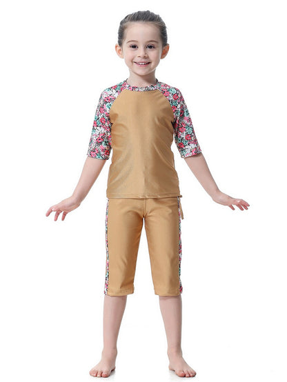 Girls Swimwear 3-piece Swimsuit Flower Pattern Patchwork Design