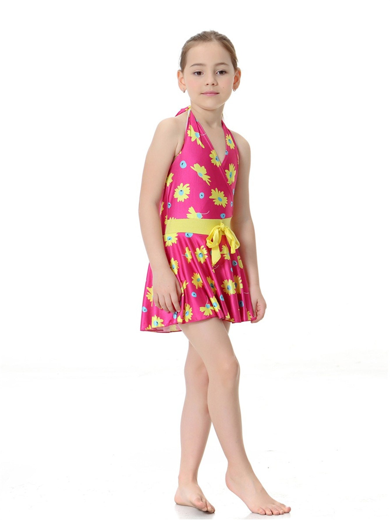 Girls Halter Neck Waist Floral Pattern Conservative Traditional One-Piece Swim Dress