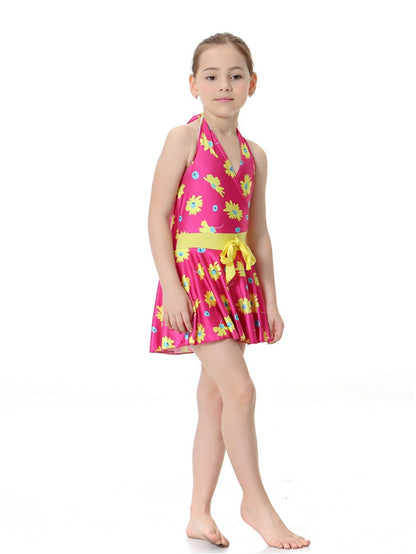 Girls Halter Neck Waist Floral Pattern Conservative Traditional One-Piece Swim Dress
