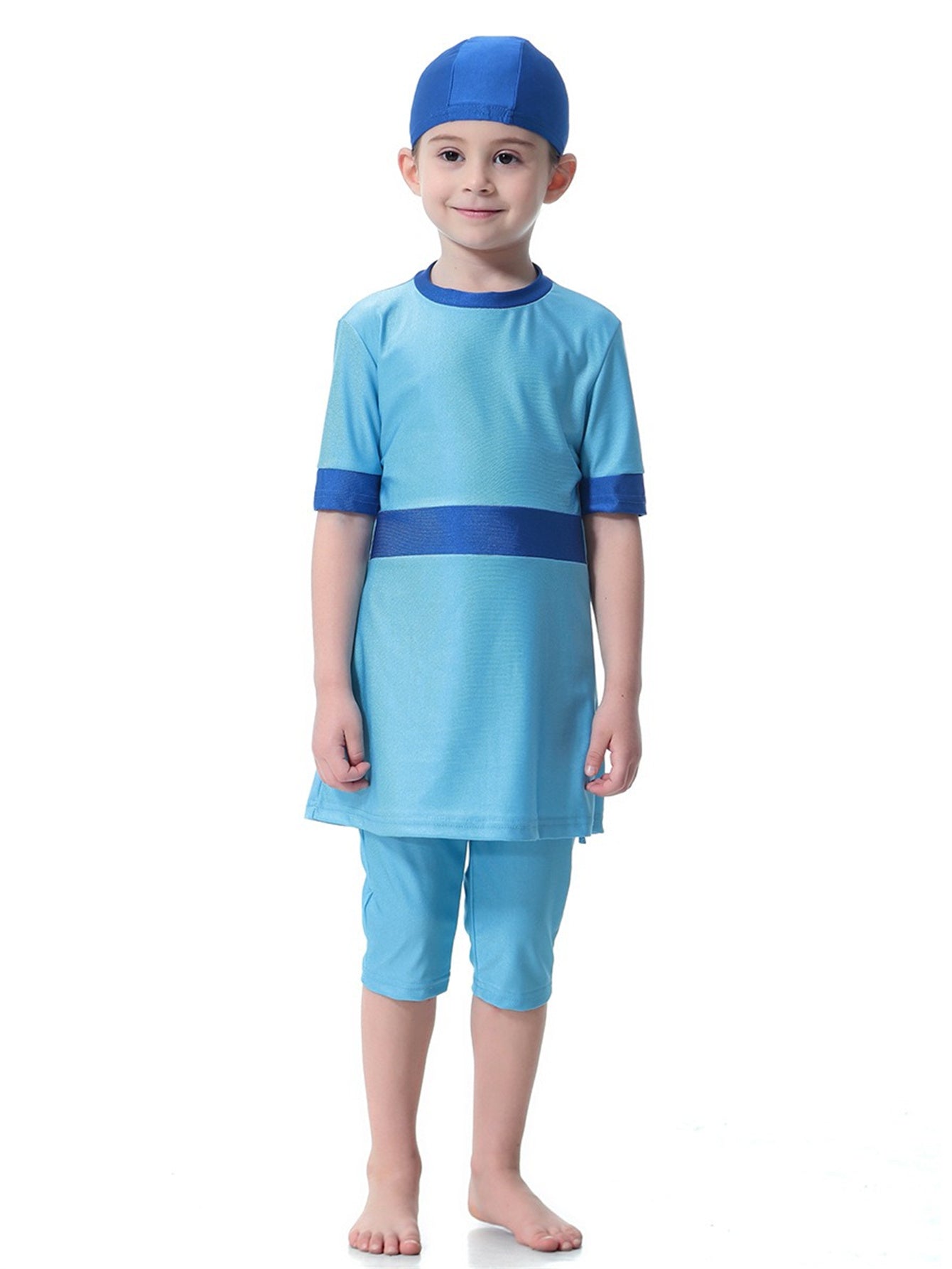 Girls Swimsuit Round Neck Contrast Color Conservative Two-Piece Swimsuit