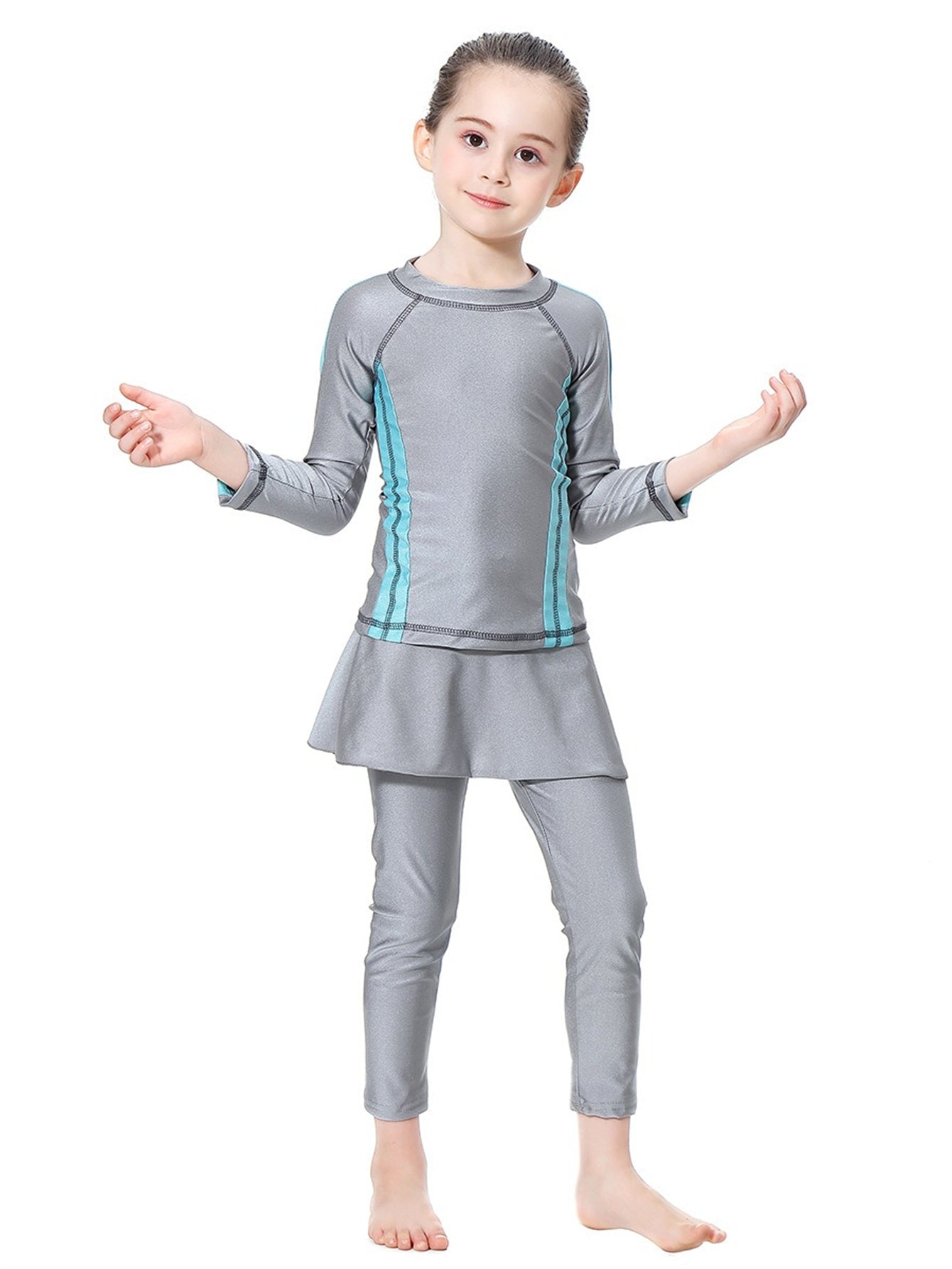 Girls' conservative swimsuit with contrasting colors, long sleeves and long pants, sunscreen two-piece set