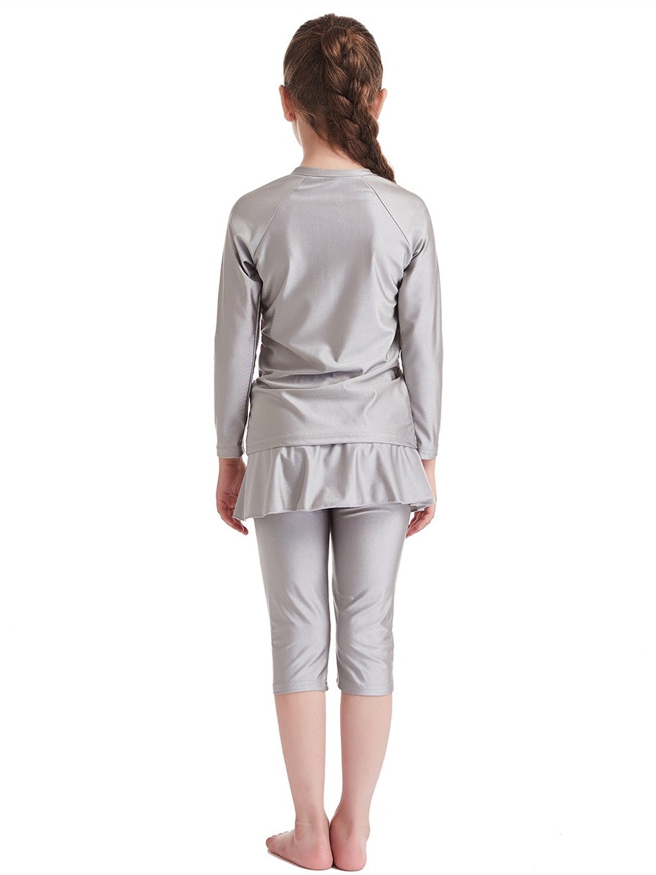 Girls Traditional Conservative Splicing Long Sleeve Swimsuit Set