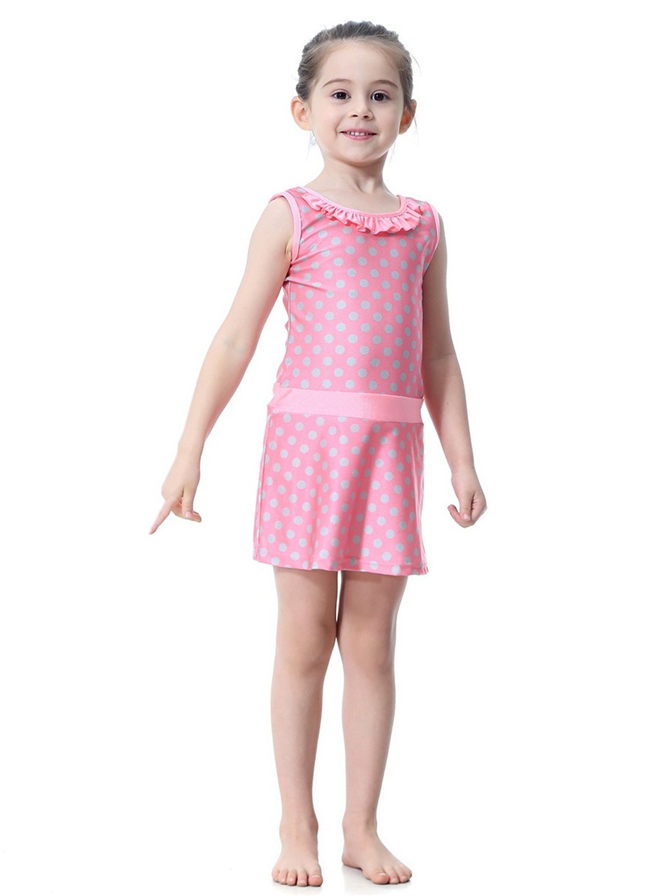 Girls Conservative Lace Polka Dot Multi-Piece Swim Dress