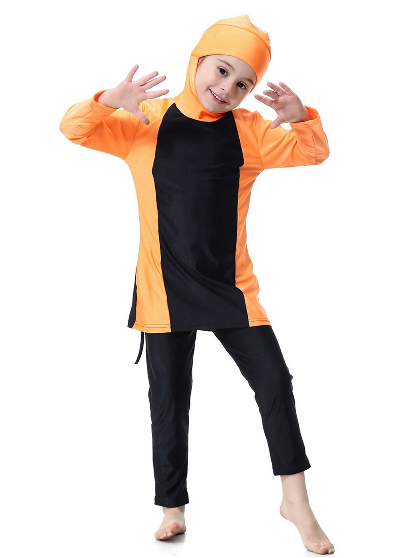 Girls Swimsuit Hooded Contrast Color Long Sleeve Long Pants Sun Protection Swimsuit Set