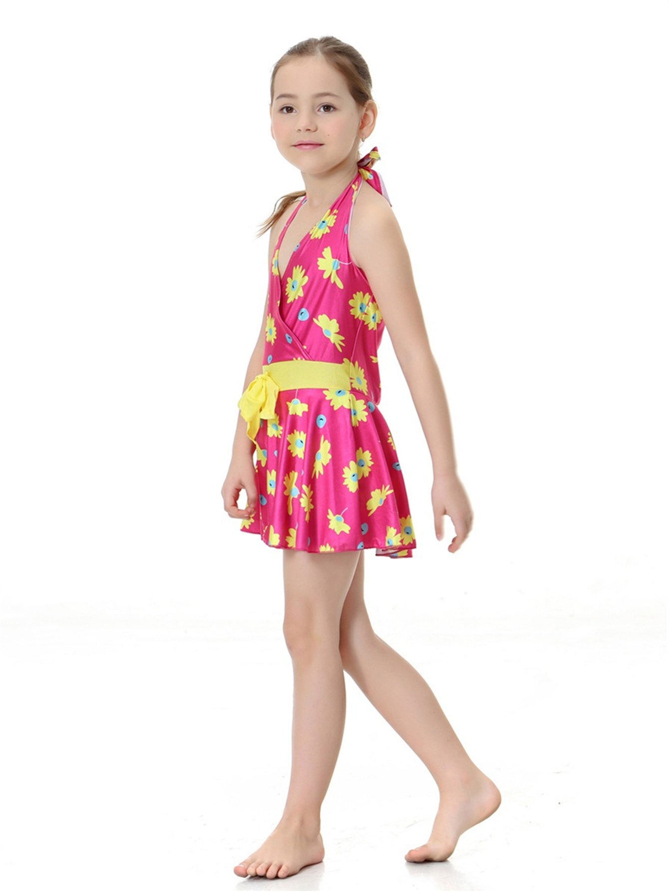 Girls Halter Neck Waist Floral Pattern Conservative Traditional One-Piece Swim Dress
