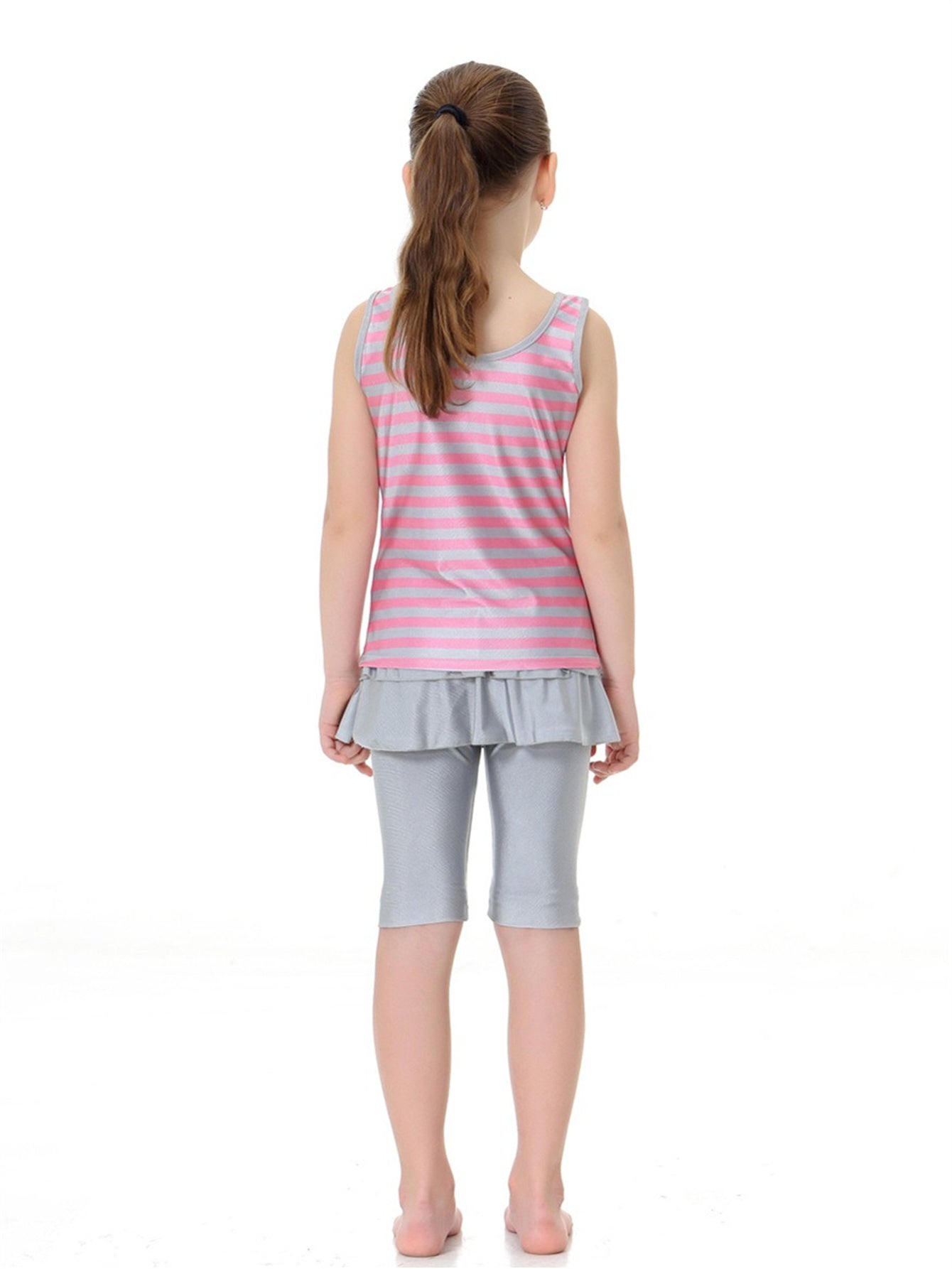 Girls Striped Sleeveless Round Neck Conservative Two-Piece Swimsuit