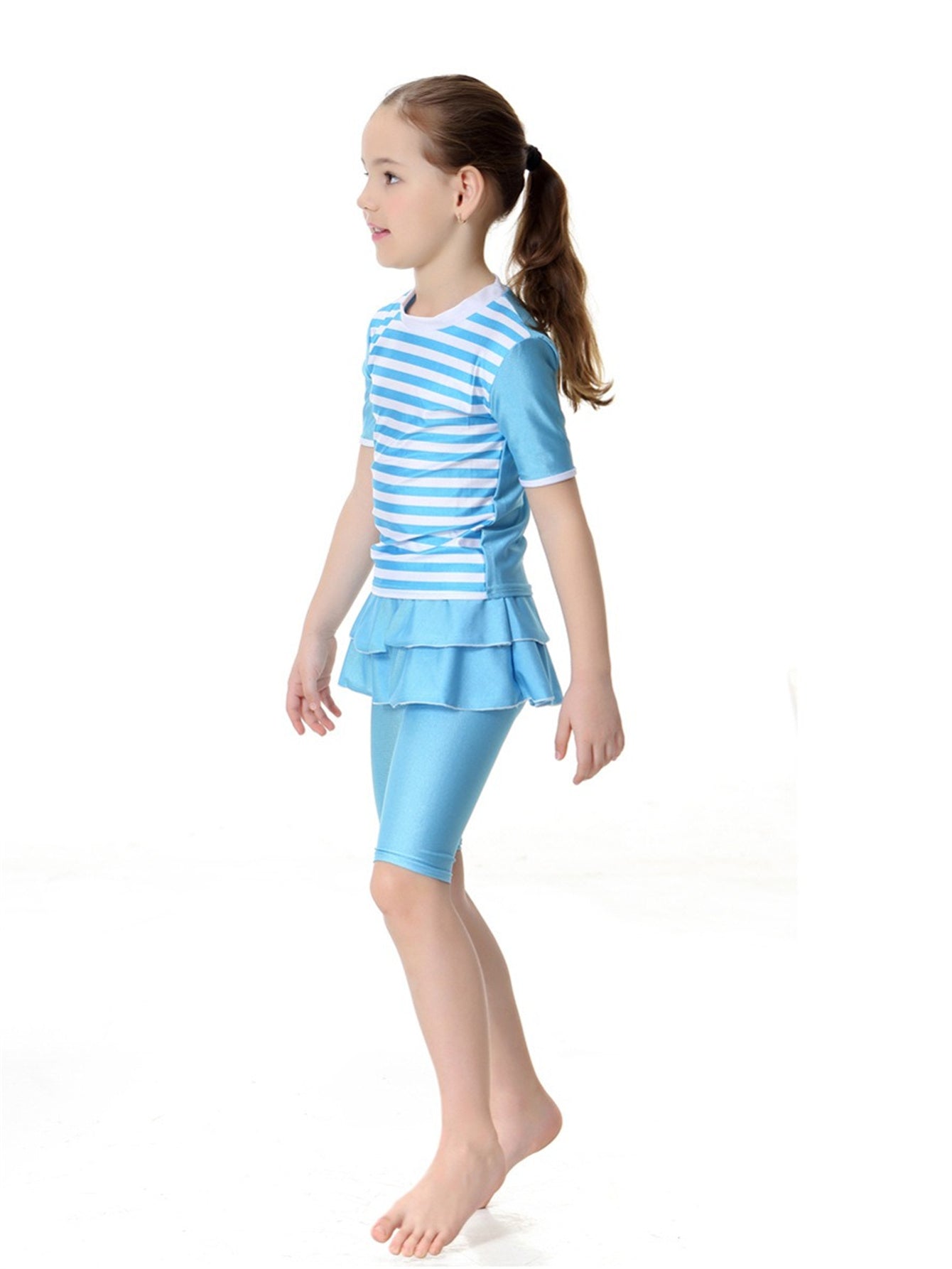 Girls swimsuit conservative split striped round neck short sleeve two-piece swimsuit