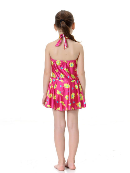 Girls Halter Neck Waist Floral Pattern Conservative Traditional One-Piece Swim Dress