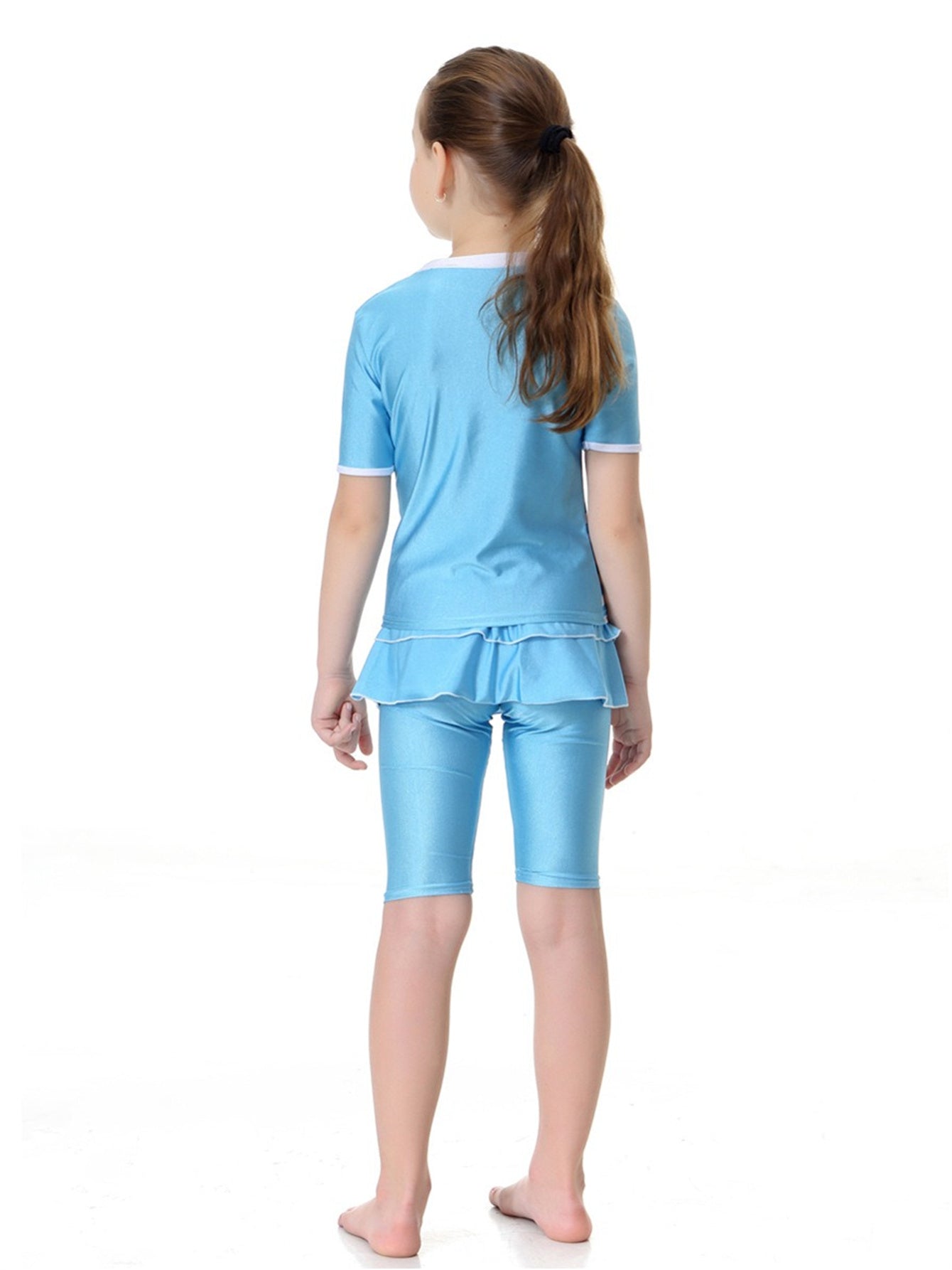 Girls swimsuit conservative split striped round neck short sleeve two-piece swimsuit