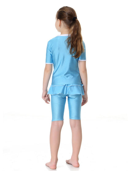 Girls swimsuit conservative split striped round neck short sleeve two-piece swimsuit