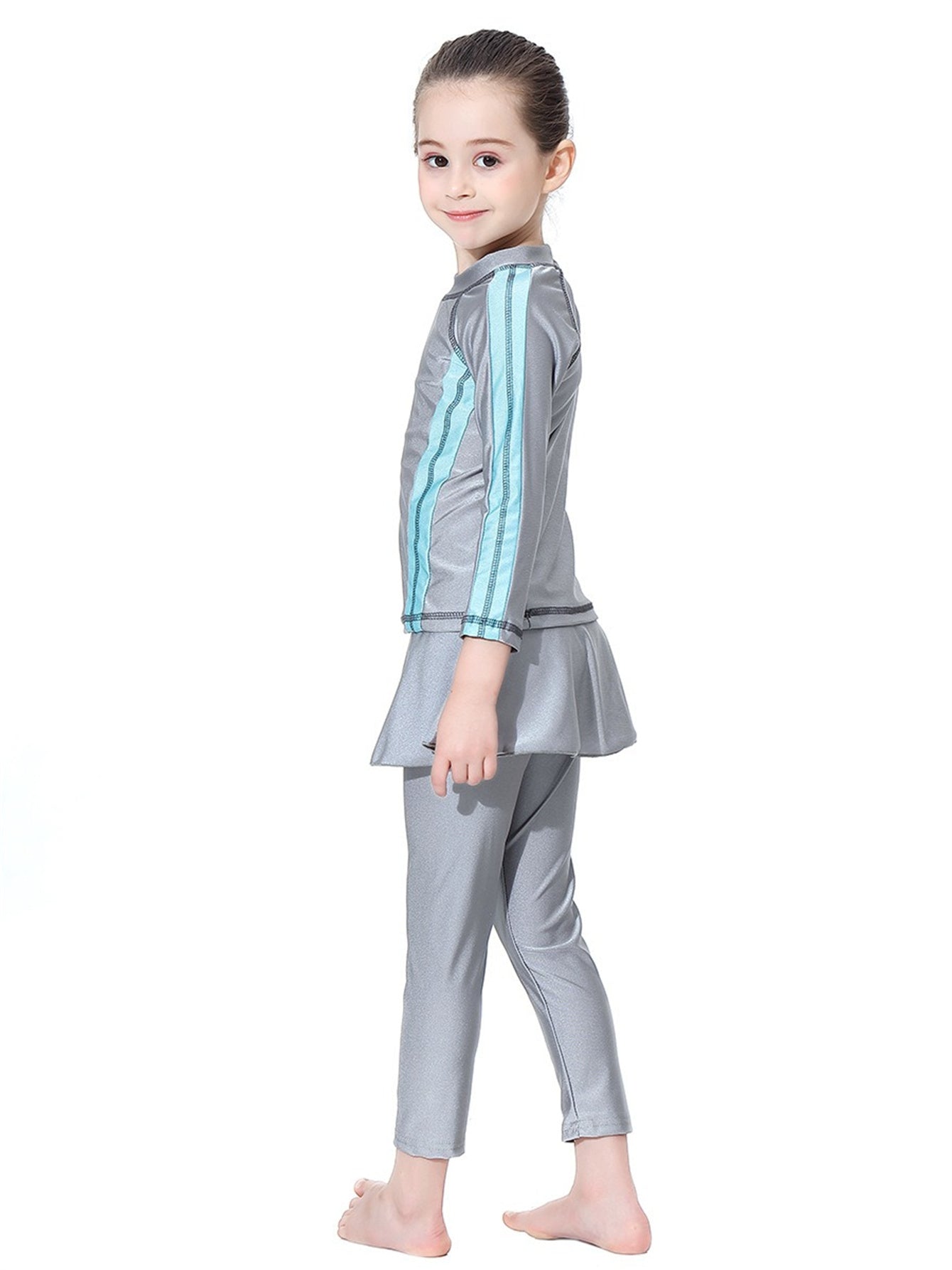 Girls' conservative swimsuit with contrasting colors, long sleeves and long pants, sunscreen two-piece set