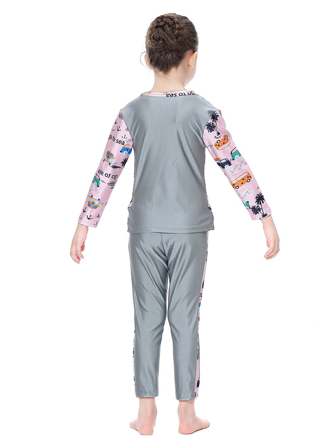 Girls swimsuit with seaside pattern, long sleeves and long pants, conservative sun protection swimsuit