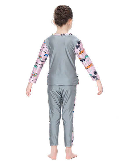 Girls swimsuit with seaside pattern, long sleeves and long pants, conservative sun protection swimsuit