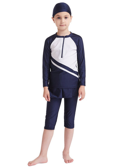 Girls Traditional Conservative Splicing Long Sleeve Swimsuit Set