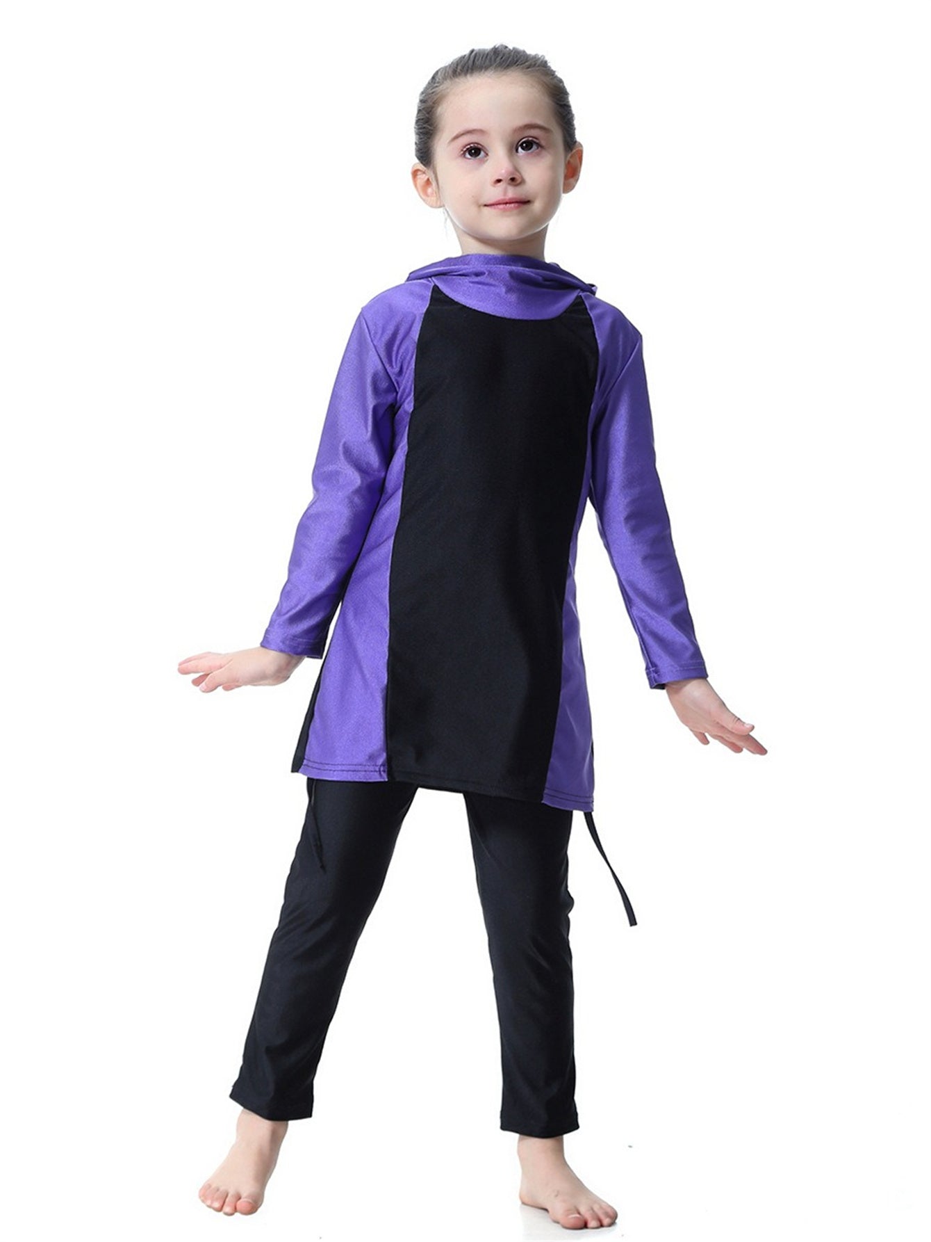 Girls Swimsuit Hooded Contrast Color Long Sleeve Long Pants Sun Protection Swimsuit Set