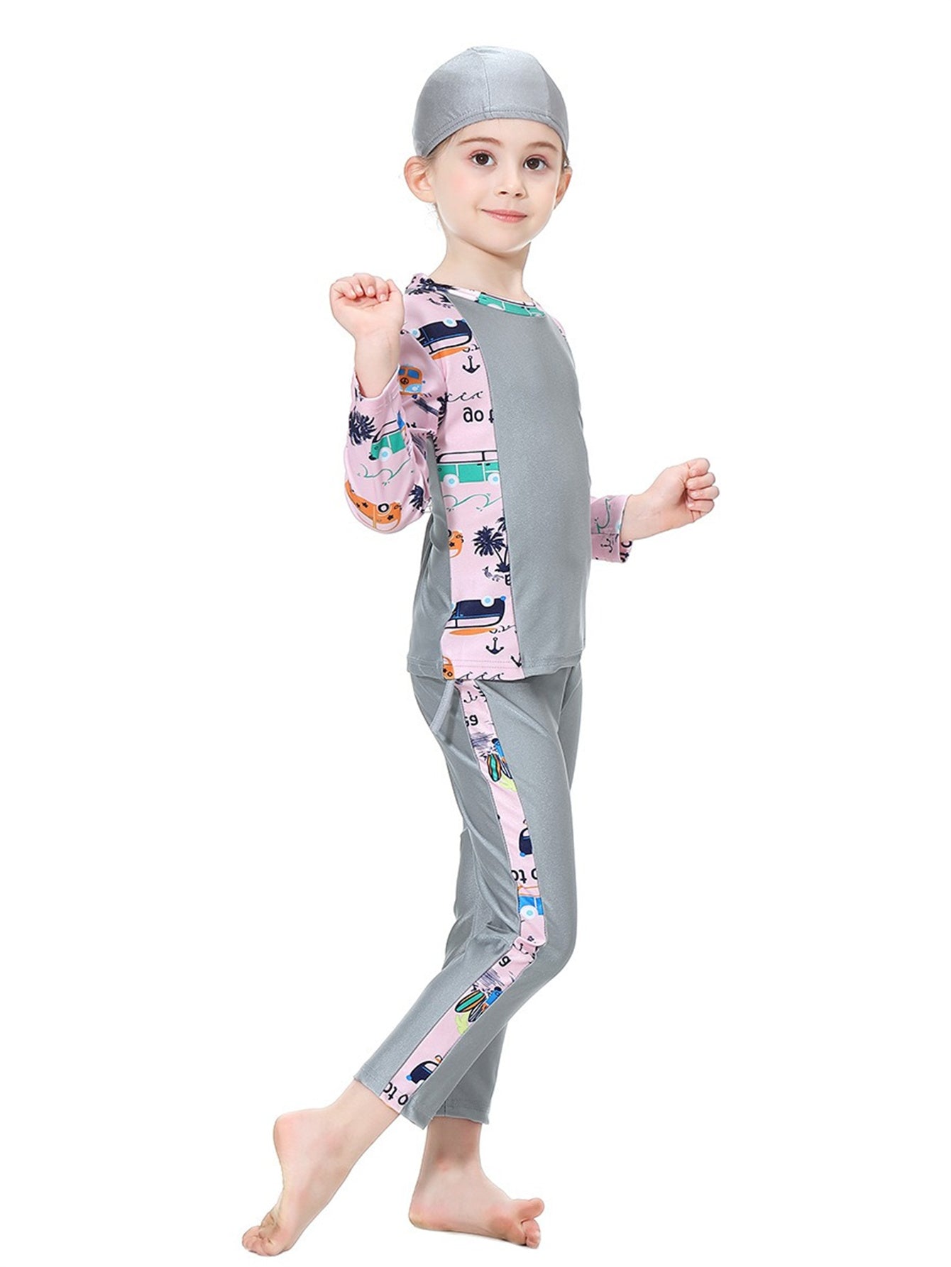 Girls swimsuit with seaside pattern, long sleeves and long pants, conservative sun protection swimsuit