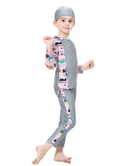 Girls swimsuit with seaside pattern, long sleeves and long pants, conservative sun protection swimsuit