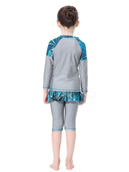Girls Swimwear Tropical Plant Pattern Conservative Three-Piece Swimsuit