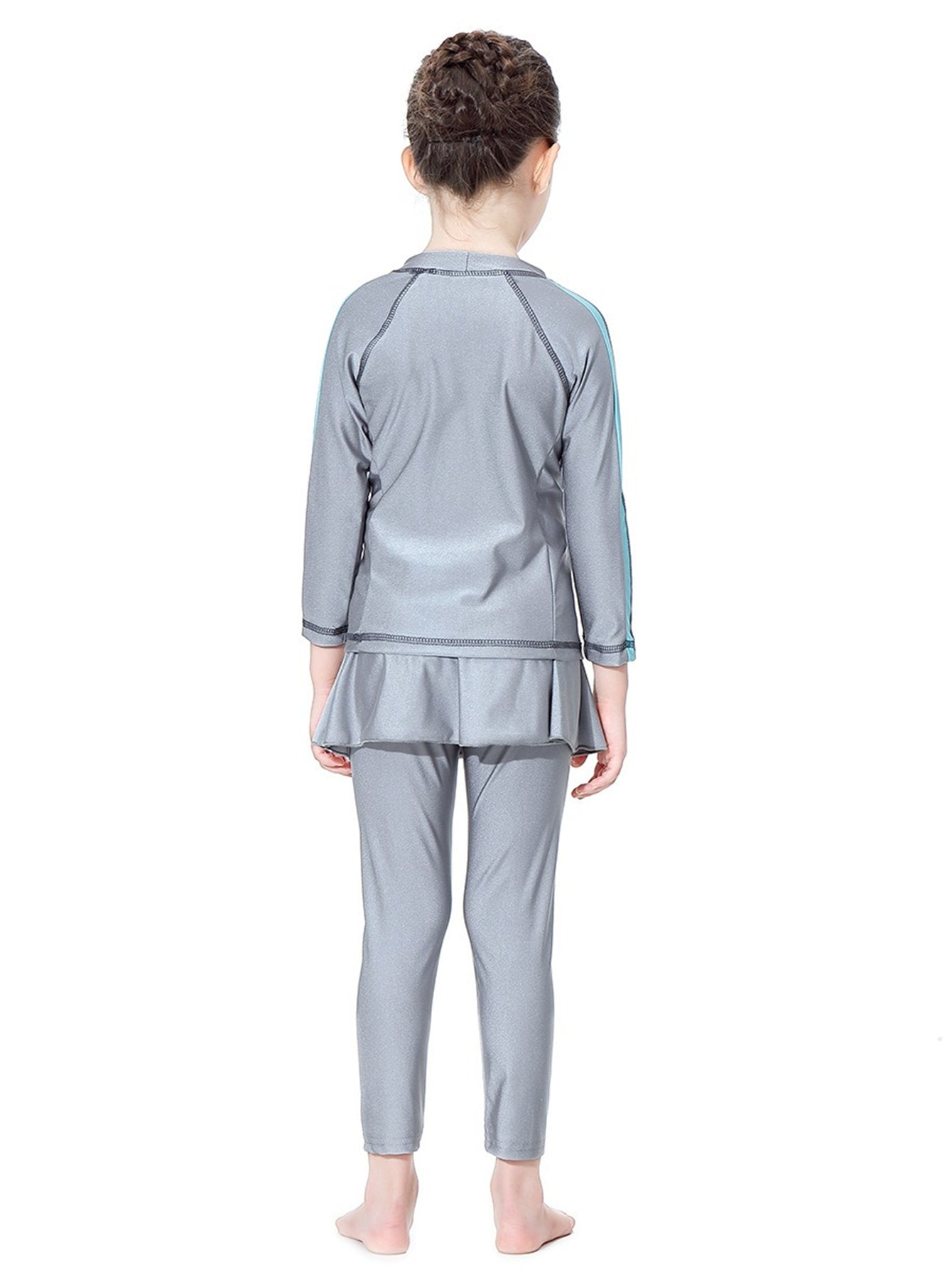 Girls' conservative swimsuit with contrasting colors, long sleeves and long pants, sunscreen two-piece set