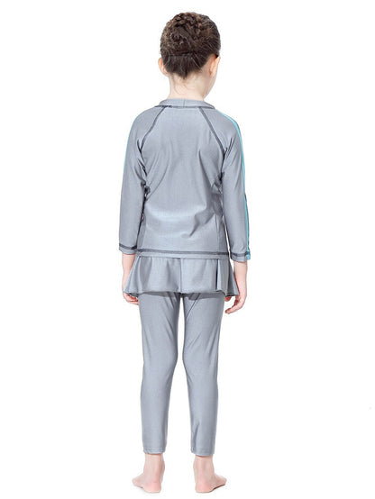 Girls' conservative swimsuit with contrasting colors, long sleeves and long pants, sunscreen two-piece set