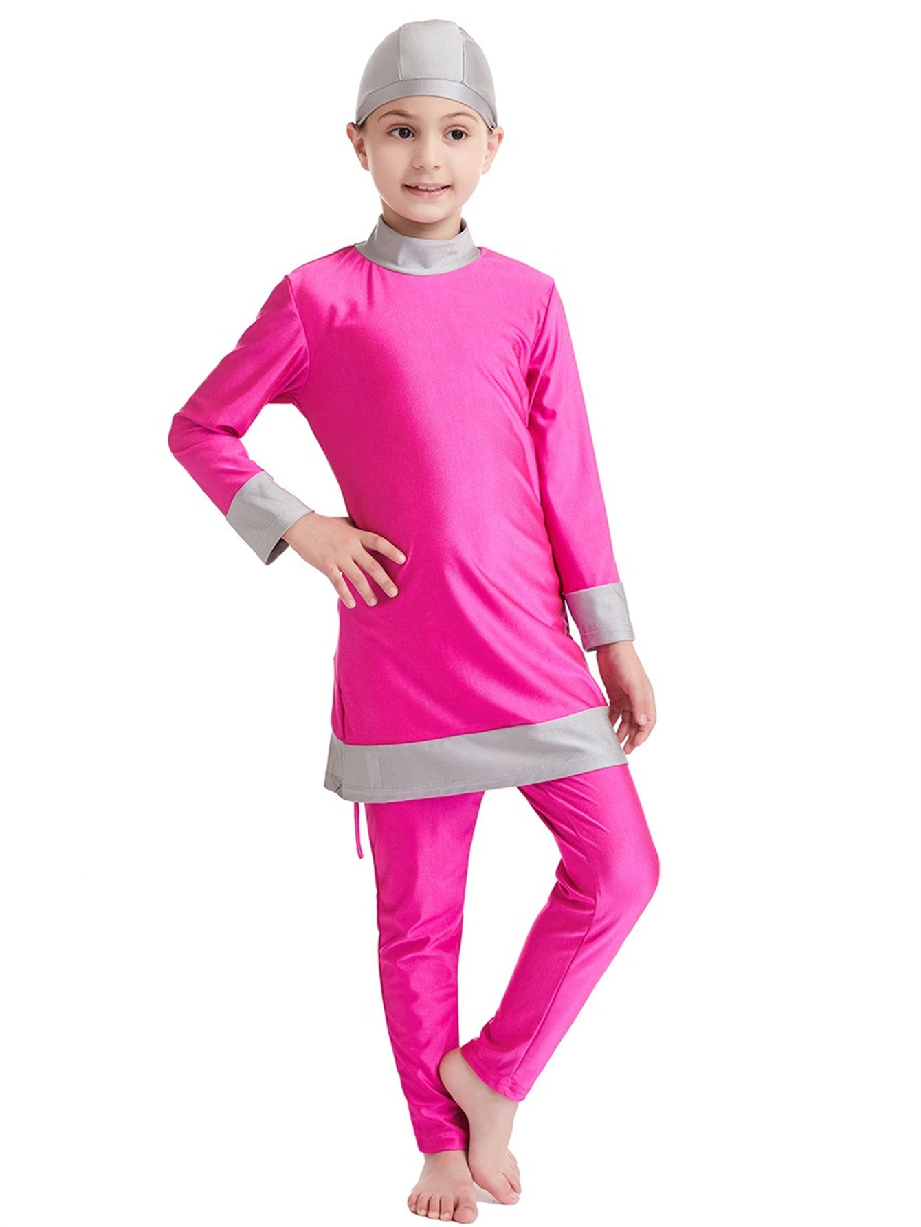 Girls' conservative color matching three-piece sun protection swimsuit