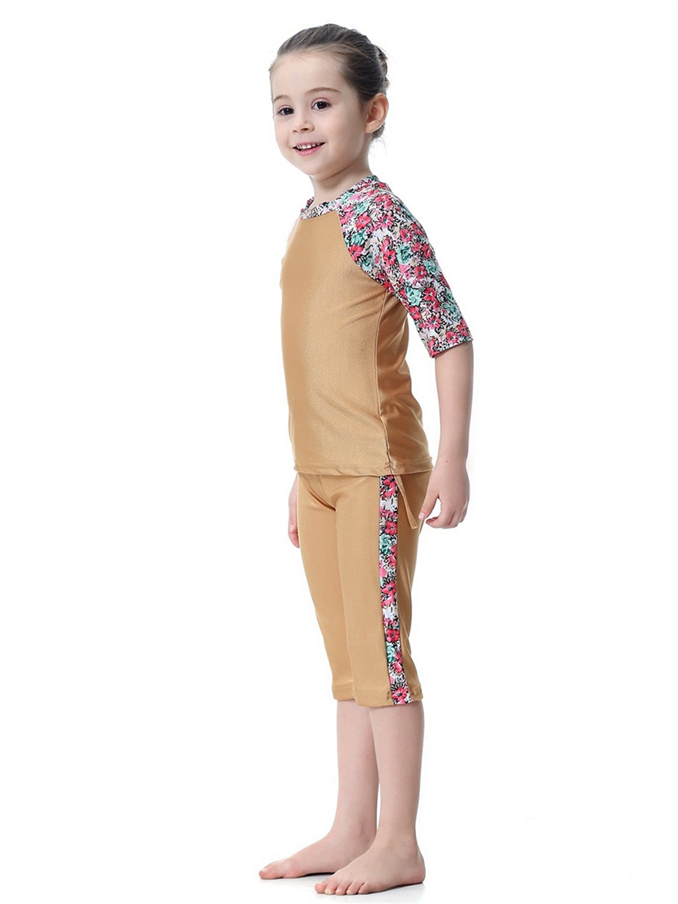 Girls Swimwear 3-piece Swimsuit Flower Pattern Patchwork Design