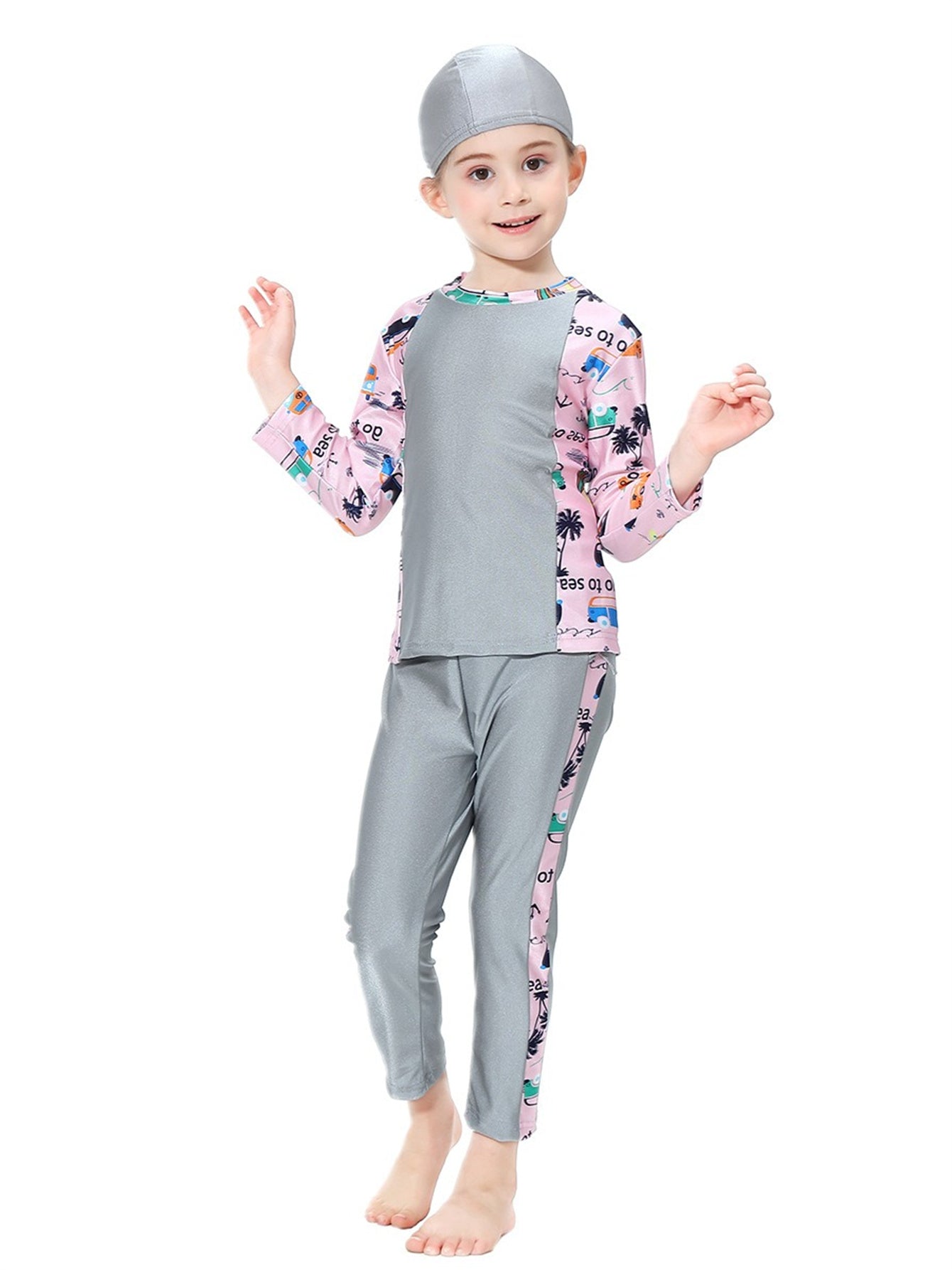 Girls swimsuit with seaside pattern, long sleeves and long pants, conservative sun protection swimsuit
