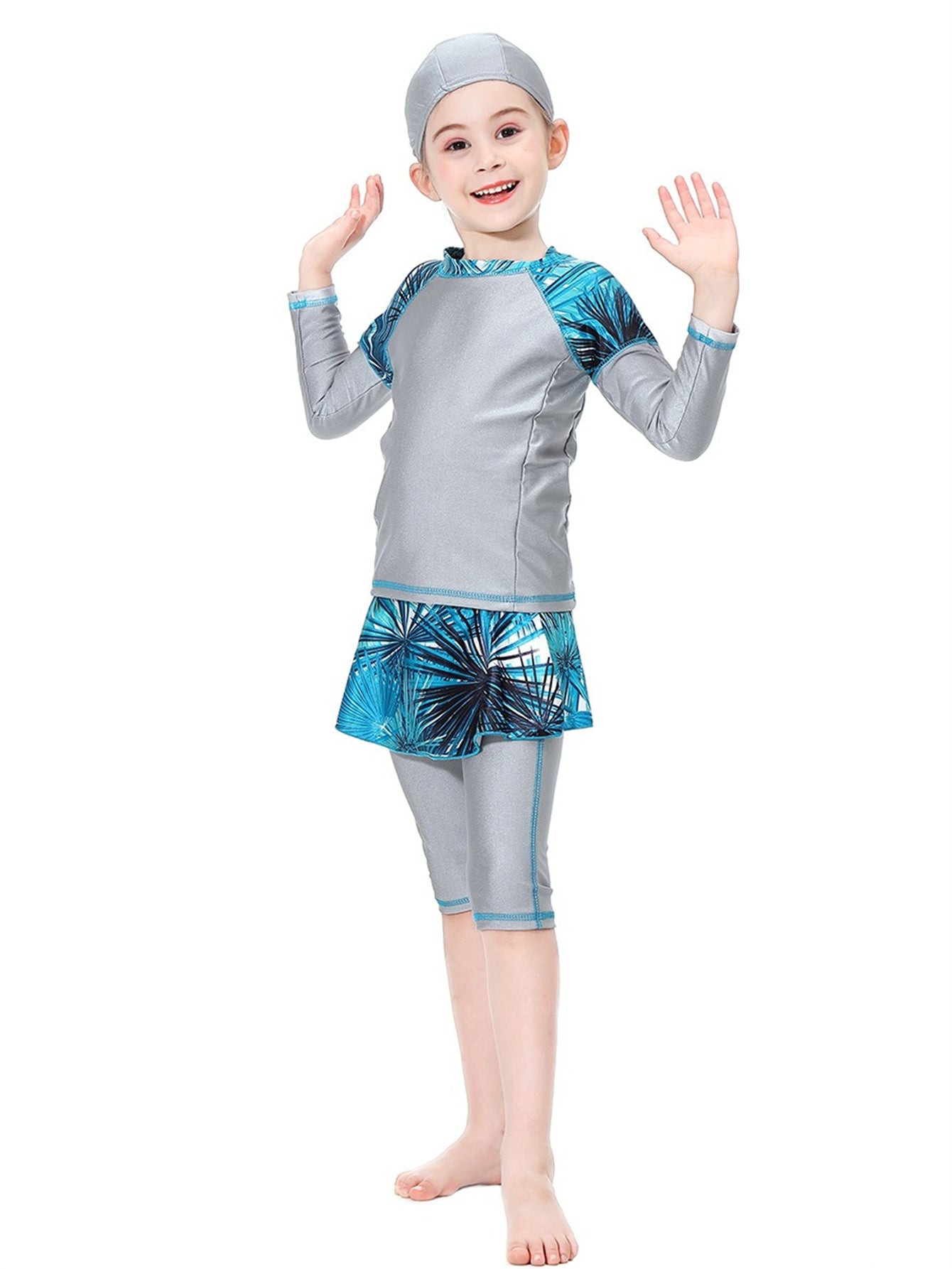 Girls Swimwear Tropical Plant Pattern Conservative Three-Piece Swimsuit
