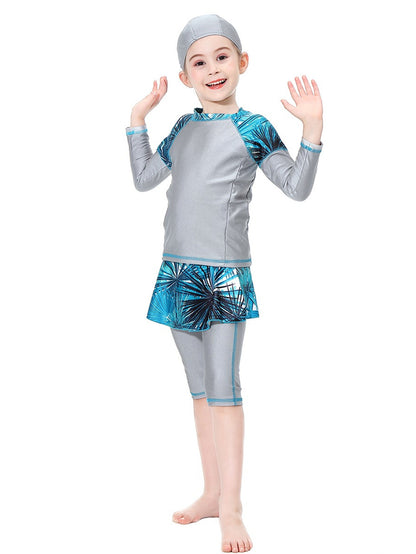 Girls Swimwear Tropical Plant Pattern Conservative Three-Piece Swimsuit