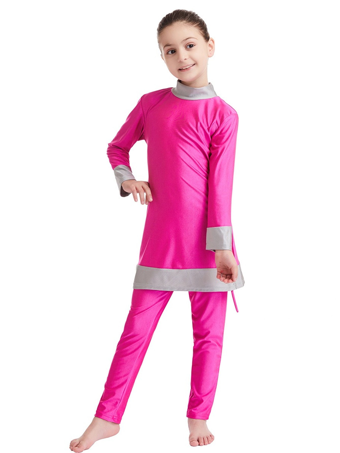 Girls' conservative color matching three-piece sun protection swimsuit