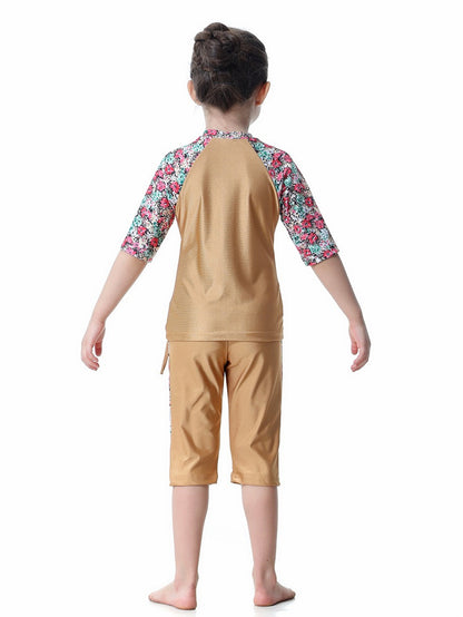 Girls Swimwear 3-piece Swimsuit Flower Pattern Patchwork Design