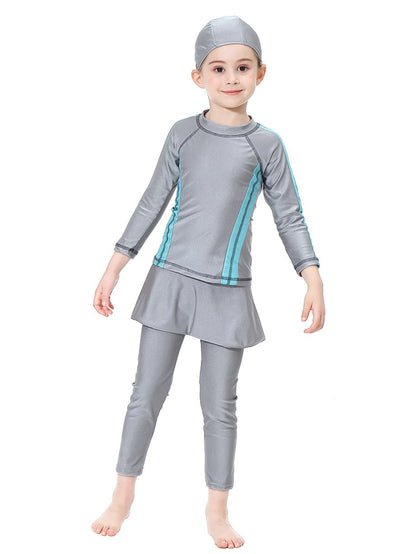 Girls' conservative swimsuit with contrasting colors, long sleeves and long pants, sunscreen two-piece set