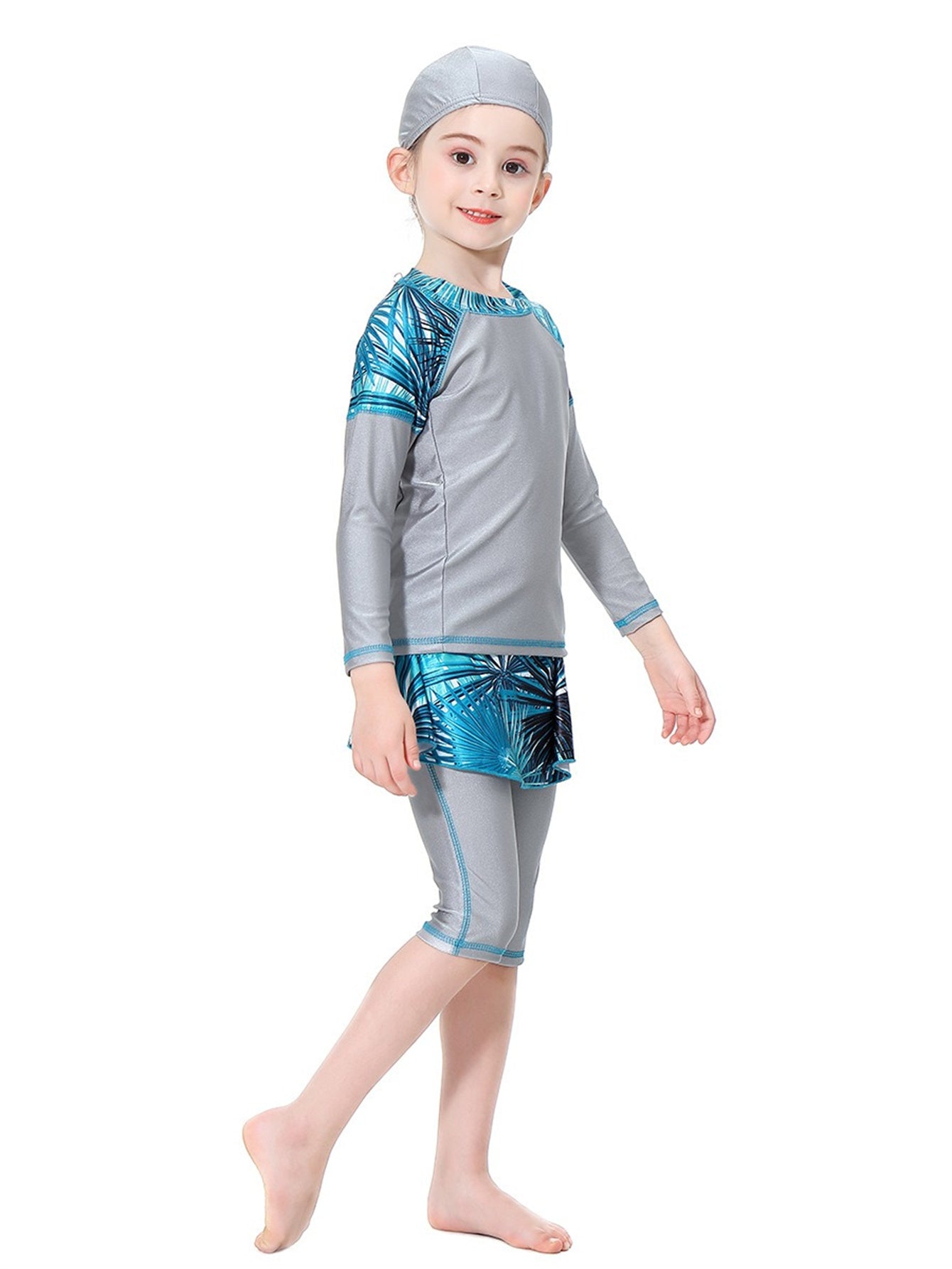 Girls Swimwear Tropical Plant Pattern Conservative Three-Piece Swimsuit