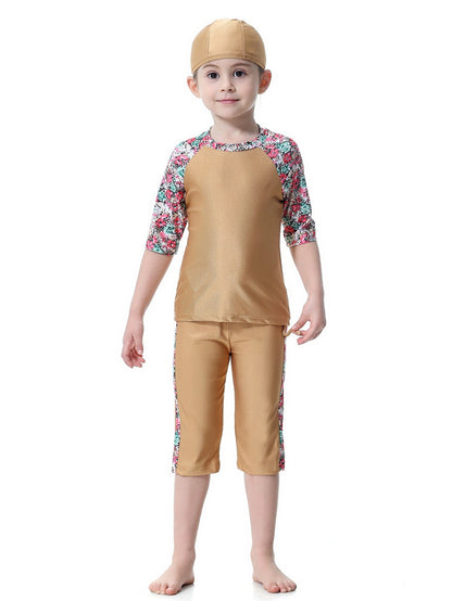 Girls Swimwear 3-piece Swimsuit Flower Pattern Patchwork Design