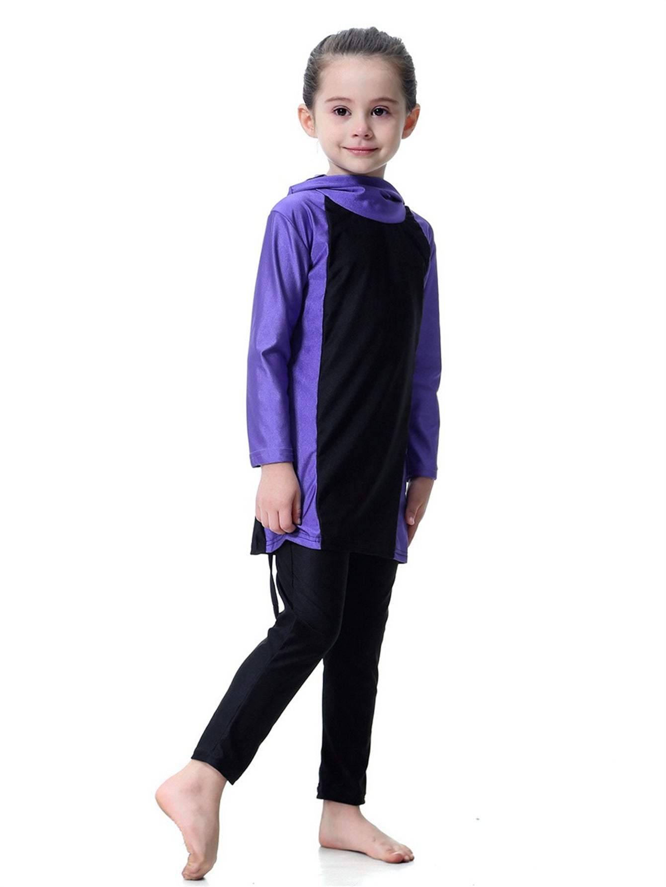 Girls Swimsuit Hooded Contrast Color Long Sleeve Long Pants Sun Protection Swimsuit Set