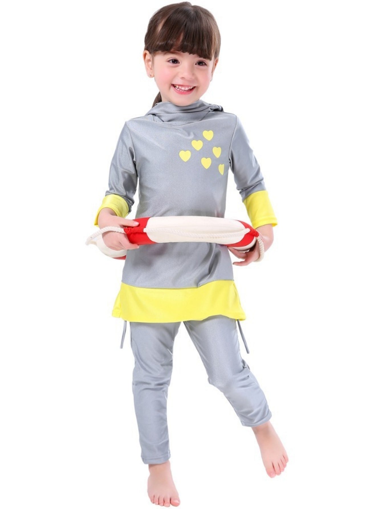 Girls conservative swimsuit Love children's beach swimsuit Hooded swimsuit + trousers two-piece set