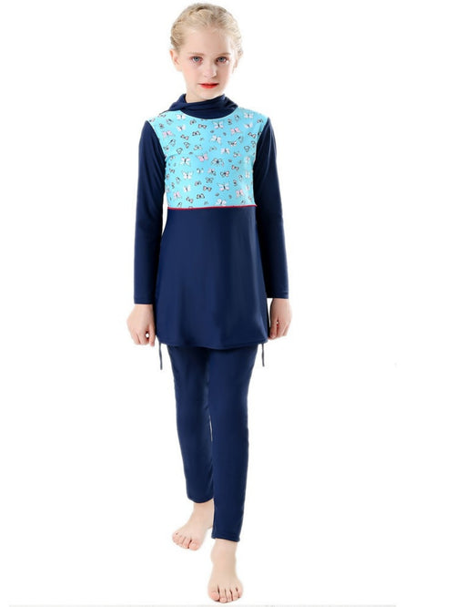 Girls conservative swimsuit bukini children's beach swimsuit blue butterfly pattern, pink pattern, contrast color design hooded top + trousers two-piece set