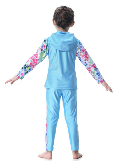 Girls Long Sleeve Splicing Waterproof Hooded Swimsuit Set