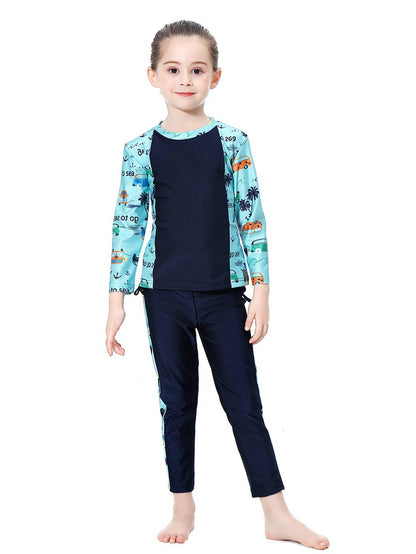 Girls swimsuit with seaside pattern, long sleeves and long pants, conservative sun protection swimsuit