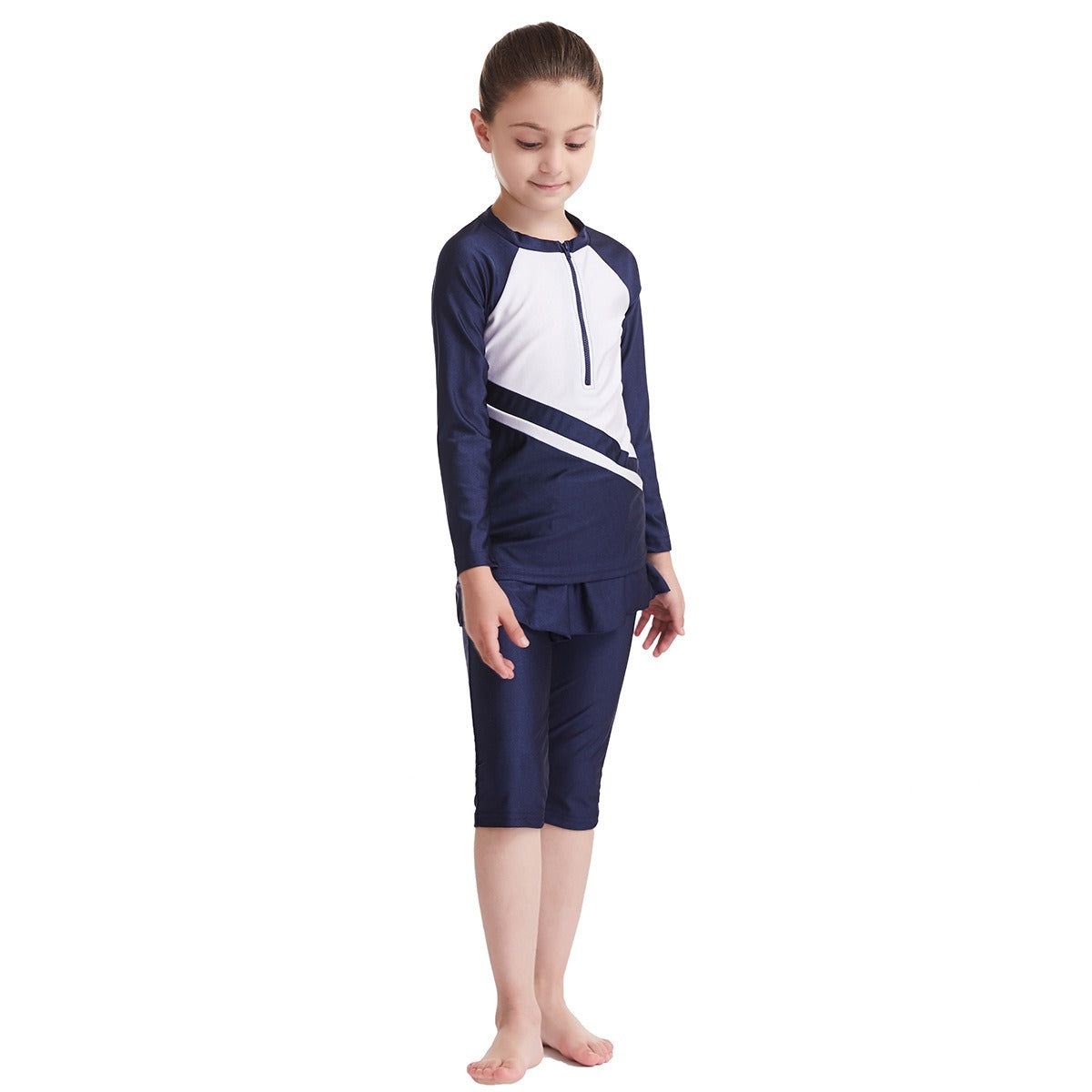 Girls Traditional Conservative Splicing Long Sleeve Swimsuit Set