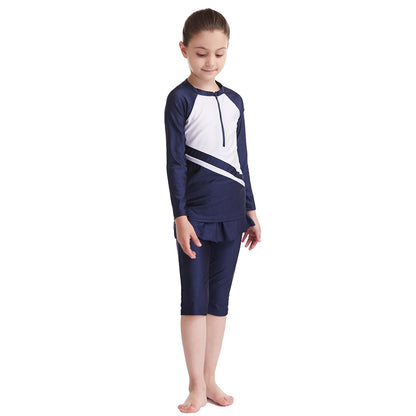 Girls Traditional Conservative Splicing Long Sleeve Swimsuit Set