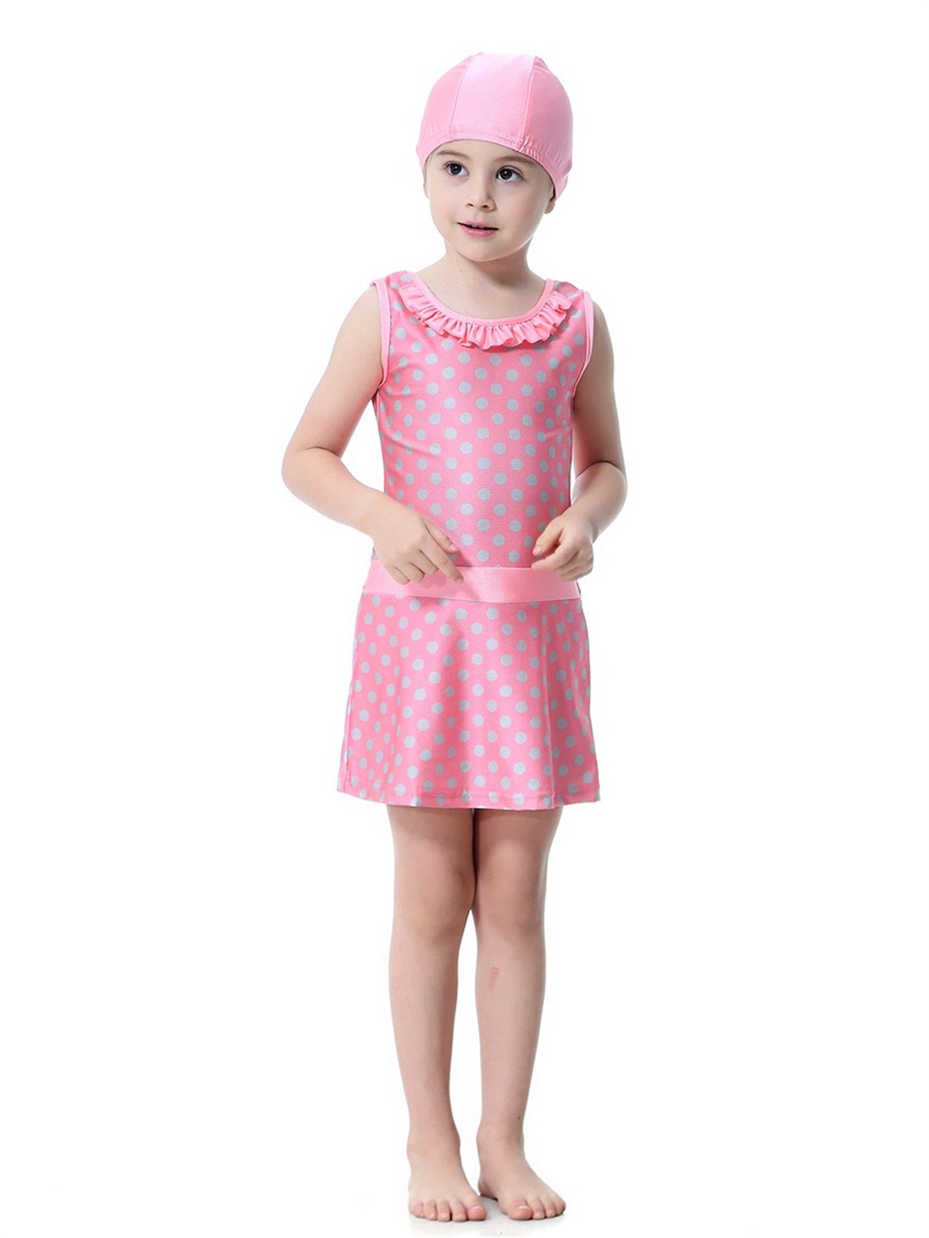 Girls Conservative Lace Polka Dot Multi-Piece Swim Dress