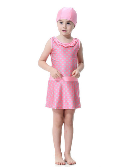 Girls Conservative Lace Polka Dot Multi-Piece Swim Dress