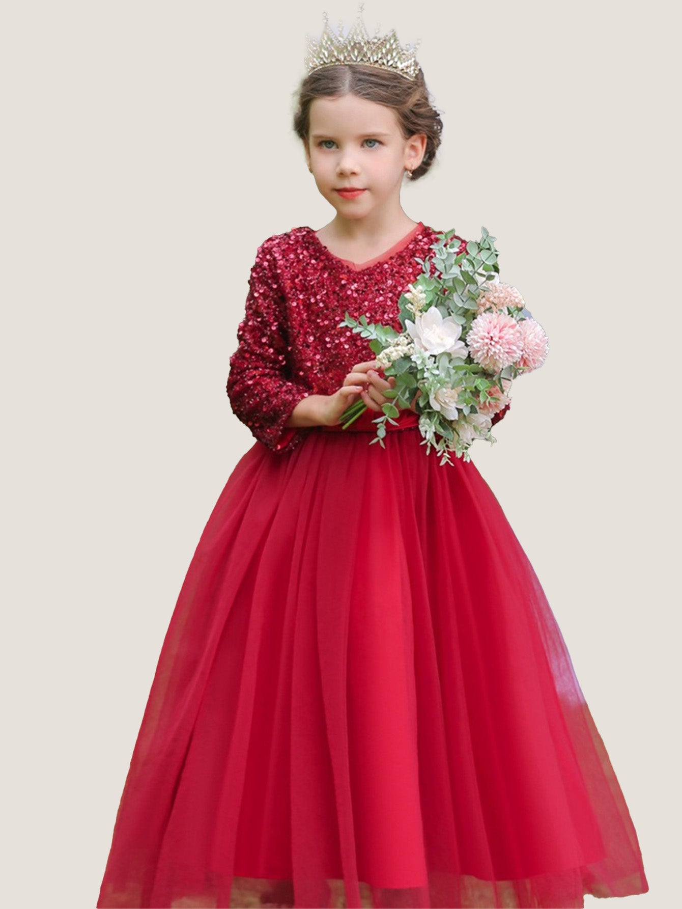 Long dress sequined wedding princess dress small host long sleeve mesh skirt bow dress